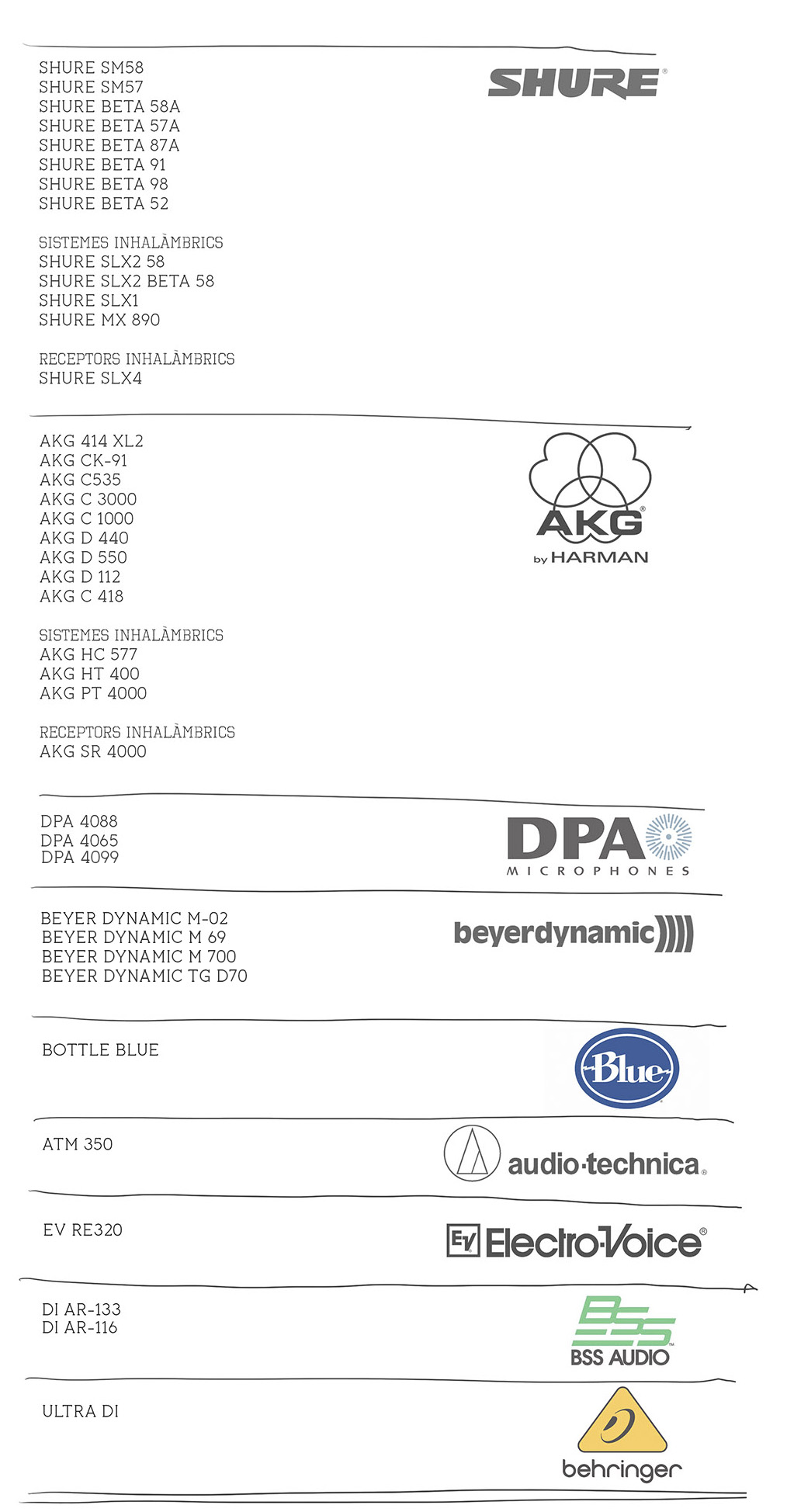 microfonia SHURE, AKG, DPA, BEYER DYNAMIC, ELECTROVOICE, AUDIO TECHNICA